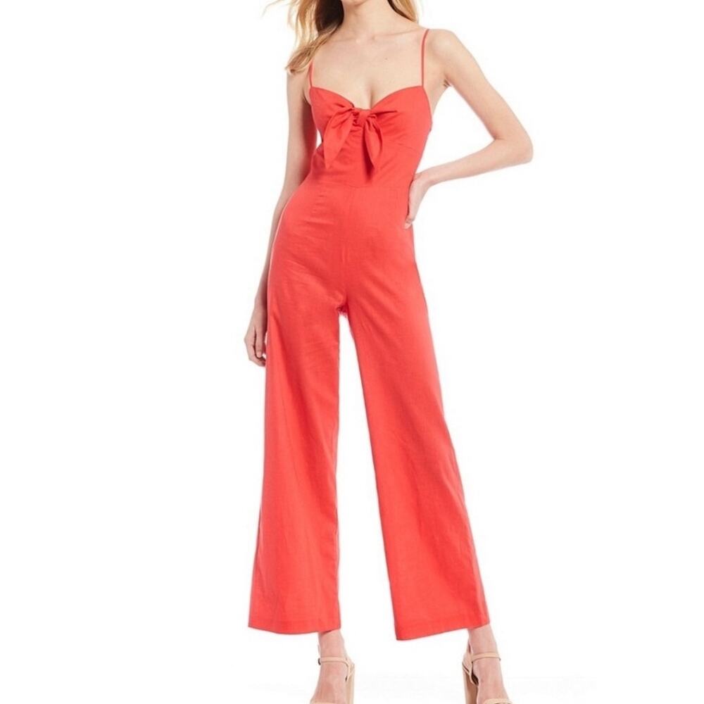 Gianni Bini Red Kat Linen Jumpsuit Tie Front Wide Leg Smocked Back Size 8 NWOT